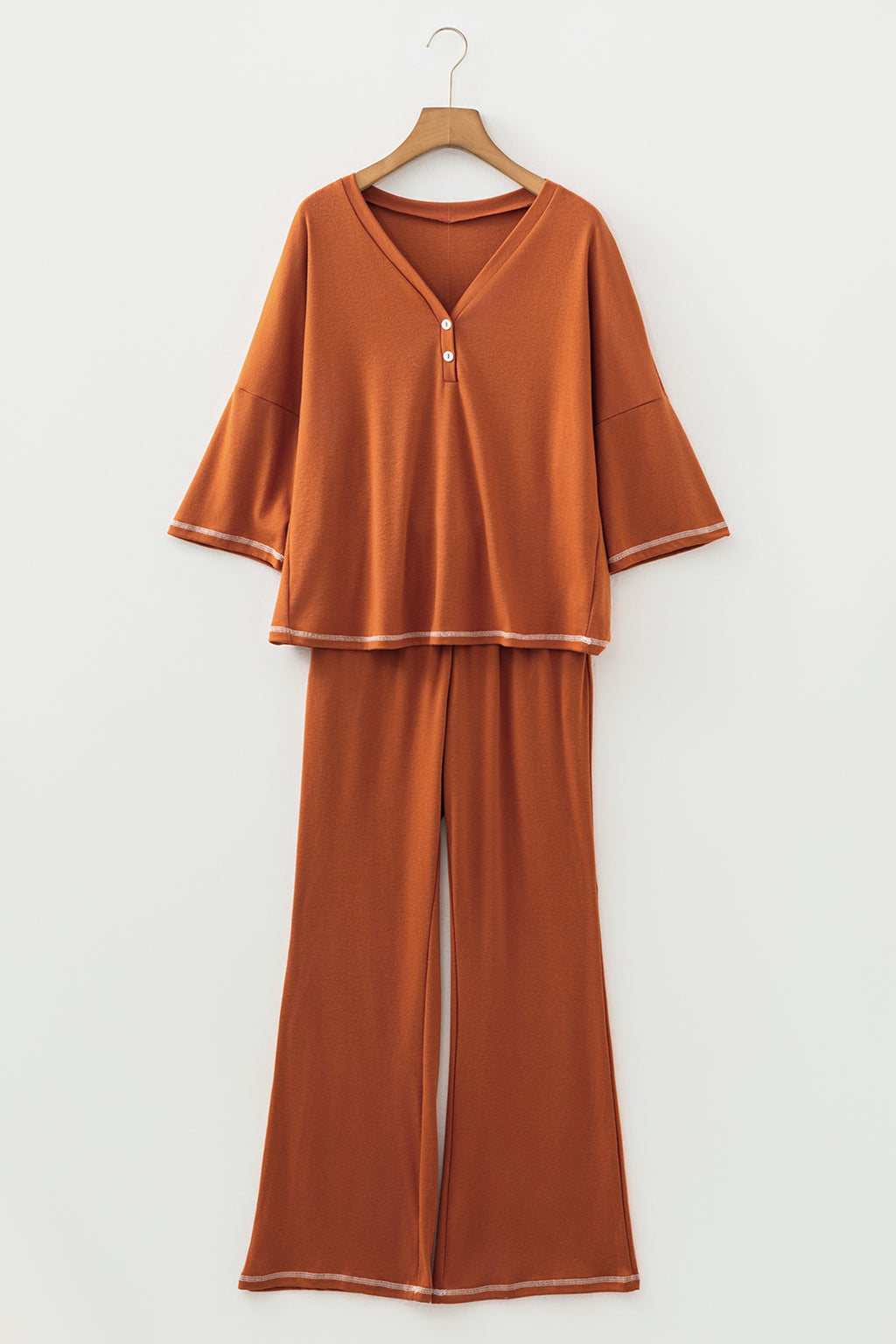 Contrast Stitching Buttoned V Neck Half Sleeve Top and Drawstring Flare Pants Set