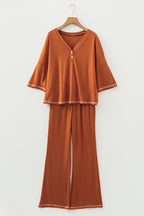 Contrast Stitching Buttoned V Neck Half Sleeve Top and Drawstring Flare Pants Set