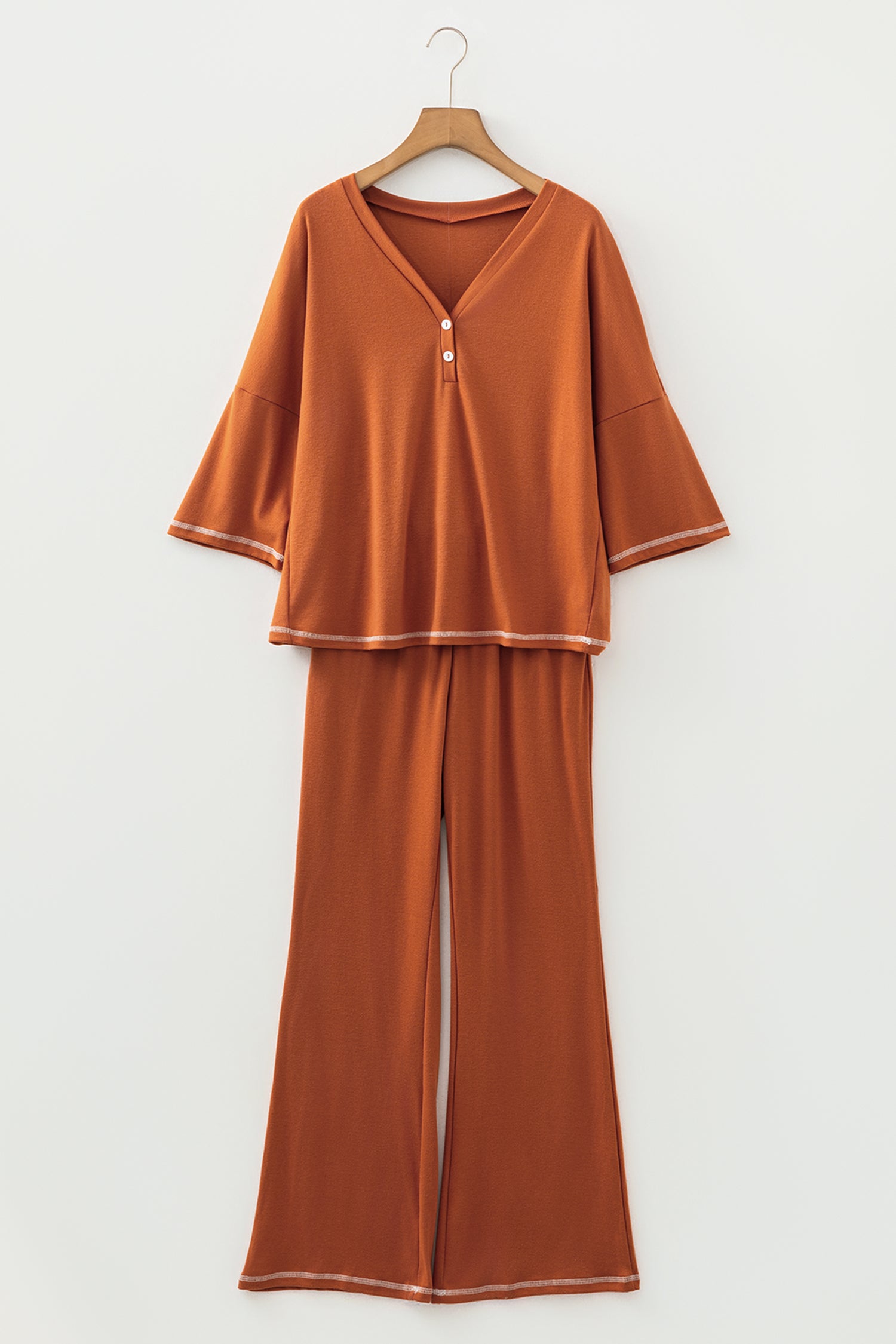 Contrast Stitching Buttoned V Neck Half Sleeve Top and Drawstring Flare Pants Set