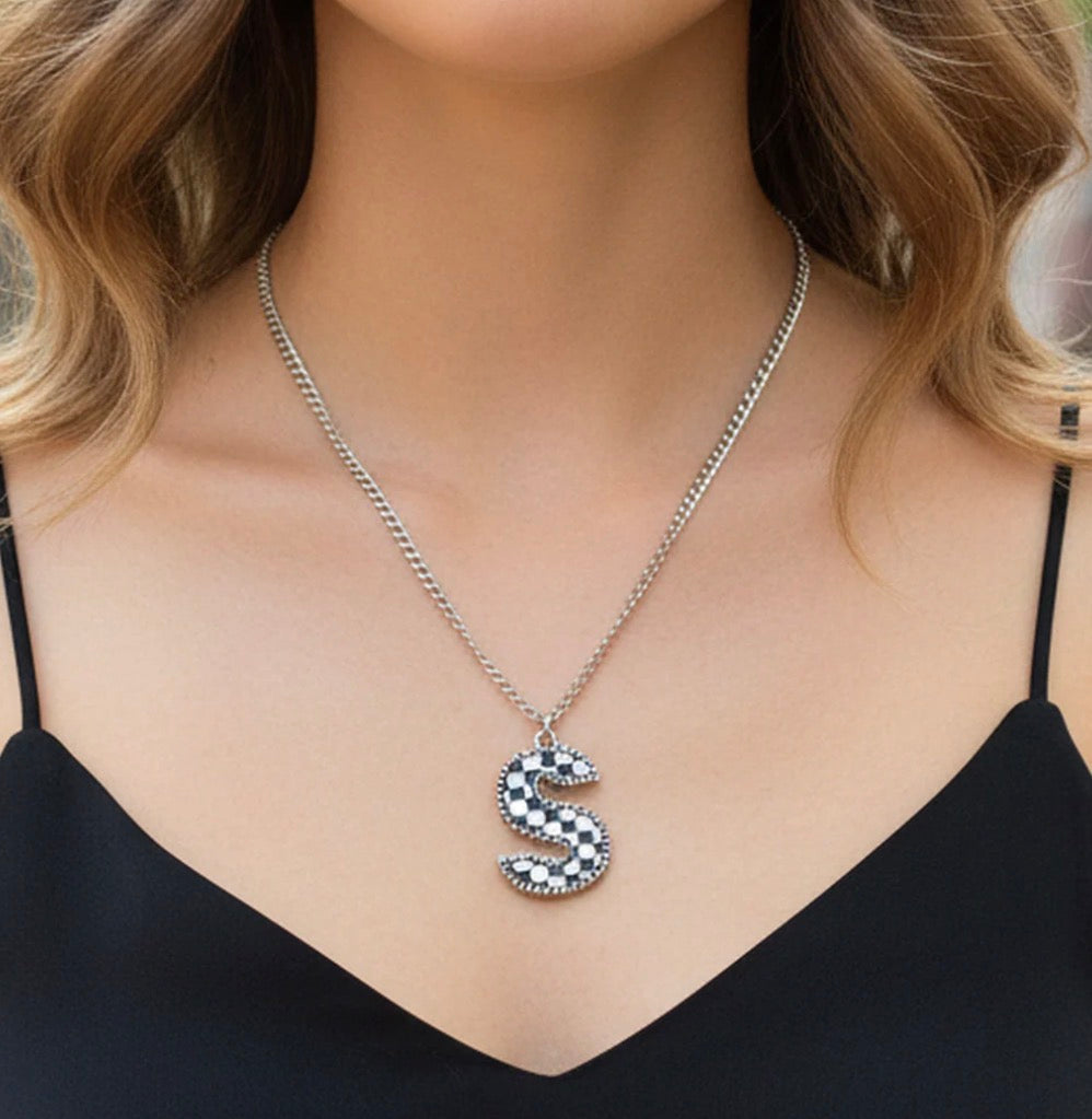 Checkered Initial Necklace - Black and White