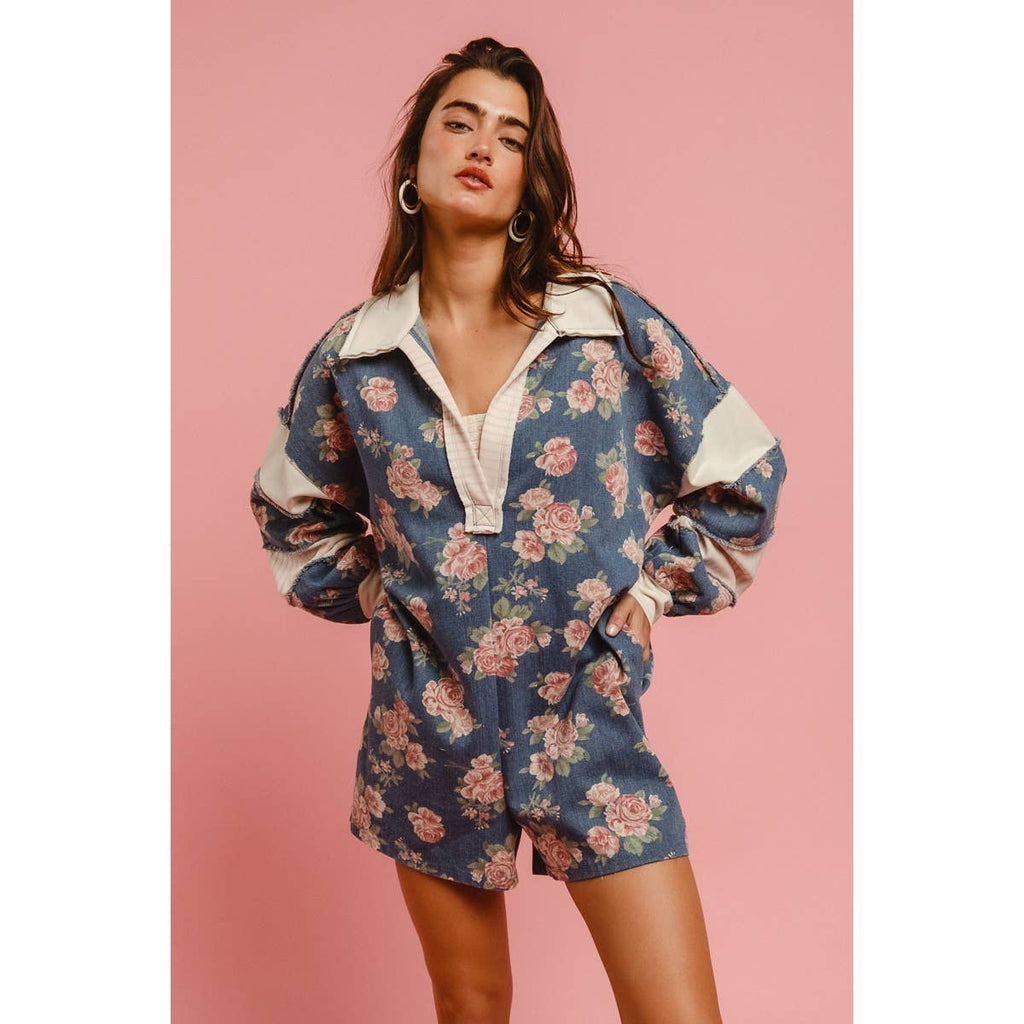 WASHED FLORAL DENIM ROMPER WITH CONTRAST COLLAR