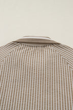 Khaki Stripe Zip up Collared Puff Sleeve Ruffled Plus Size Mini Dress