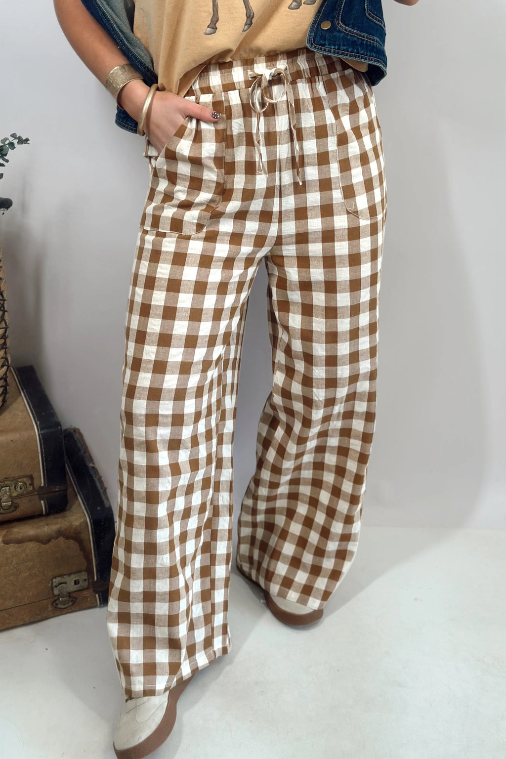 Brown gingham plaid tie elastic waist shift pants, casual culottes with relaxed fit, from Dear-Lover, suitable for everyday wear.