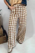 Brown gingham plaid tie elastic waist shift pants, casual culottes with relaxed fit, from Dear-Lover, suitable for everyday wear.