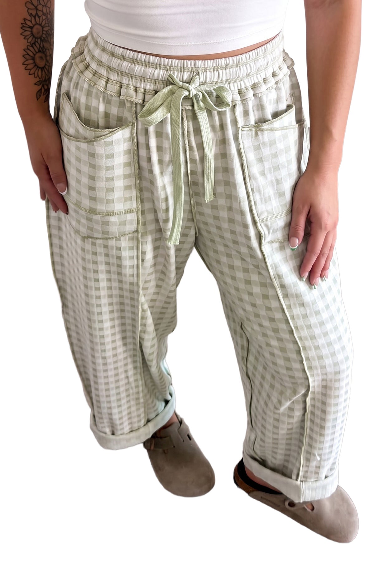Plaid contrast trim drawstring elastic waist shift pants from Dear-Lover, casual bottoms with a relaxed fit and stylish design.