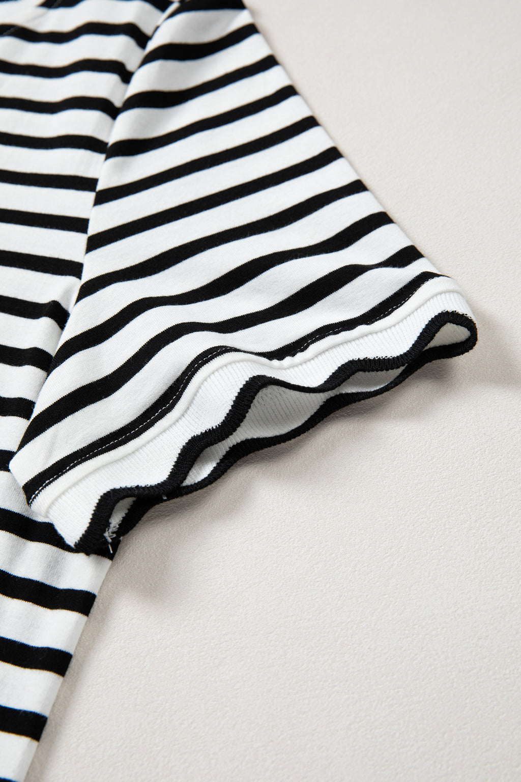Black Stripe Scalloped Trim Round Neck T Shirt