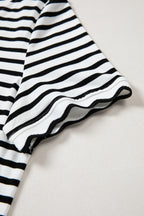 Black Stripe Scalloped Trim Round Neck T Shirt