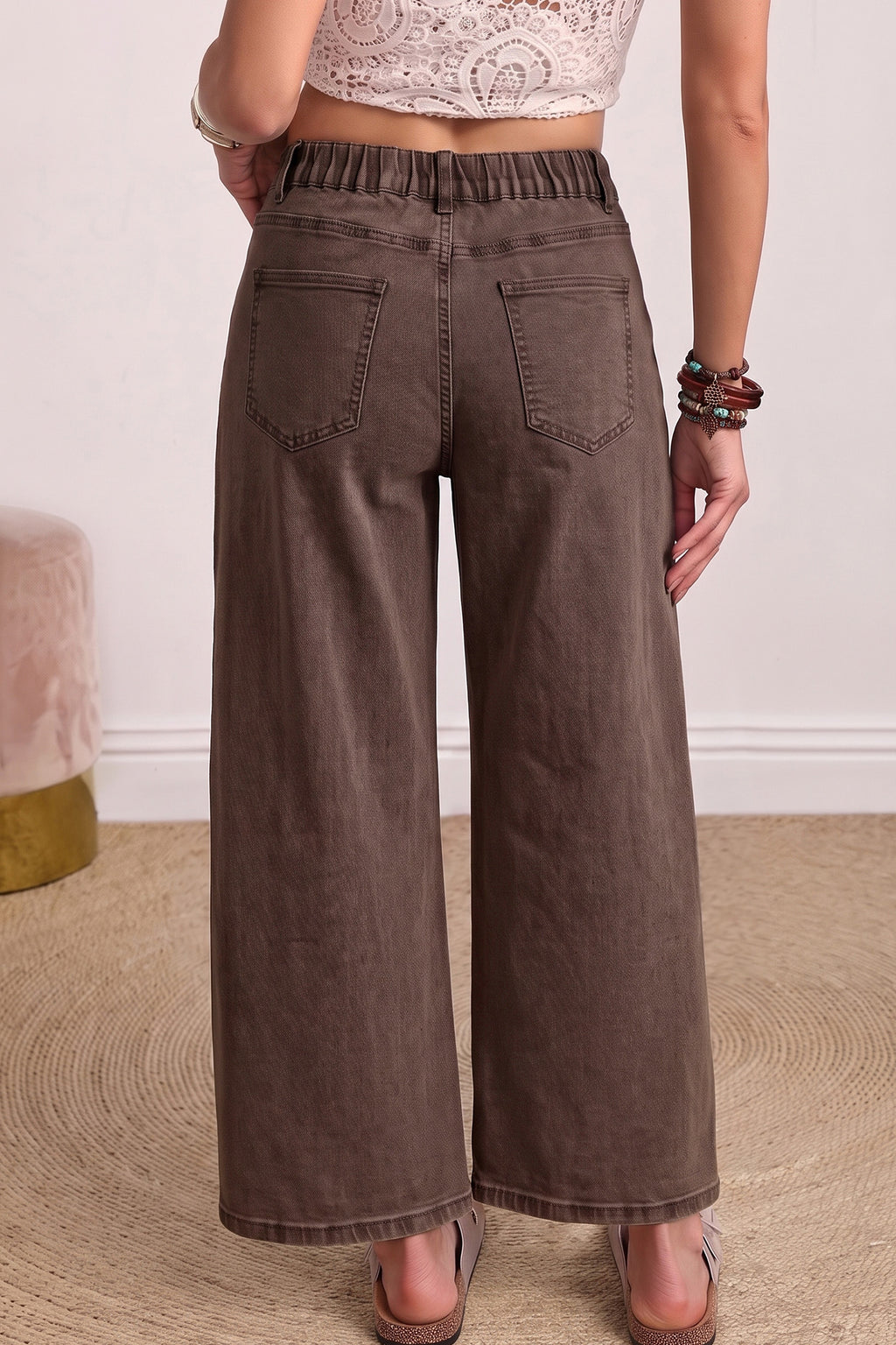 Coffee Solid Color Square Patch Pocket Ankle-length Barrel Jeans