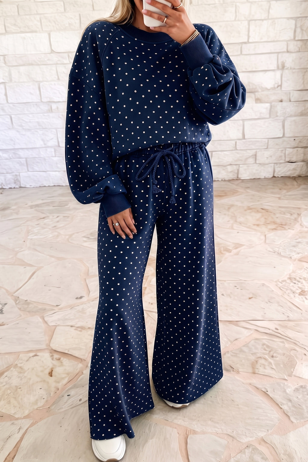 Polka dot drawstring wide-leg long sleeve top and pant set by Dear-Lover, stylish two-piece outfit with comfortable fit.