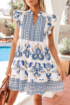 Blue Boho Western Floral Printed Split Neck Ruffled Sleeve Mini Dress