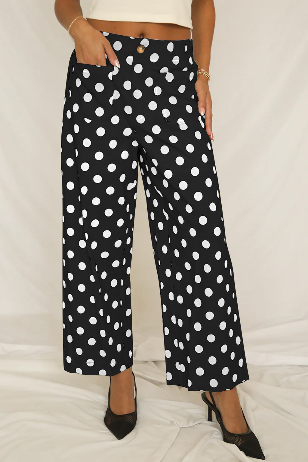 Black Polka Dot Print Patched Pocket Mid-rise Straight Leg Pants