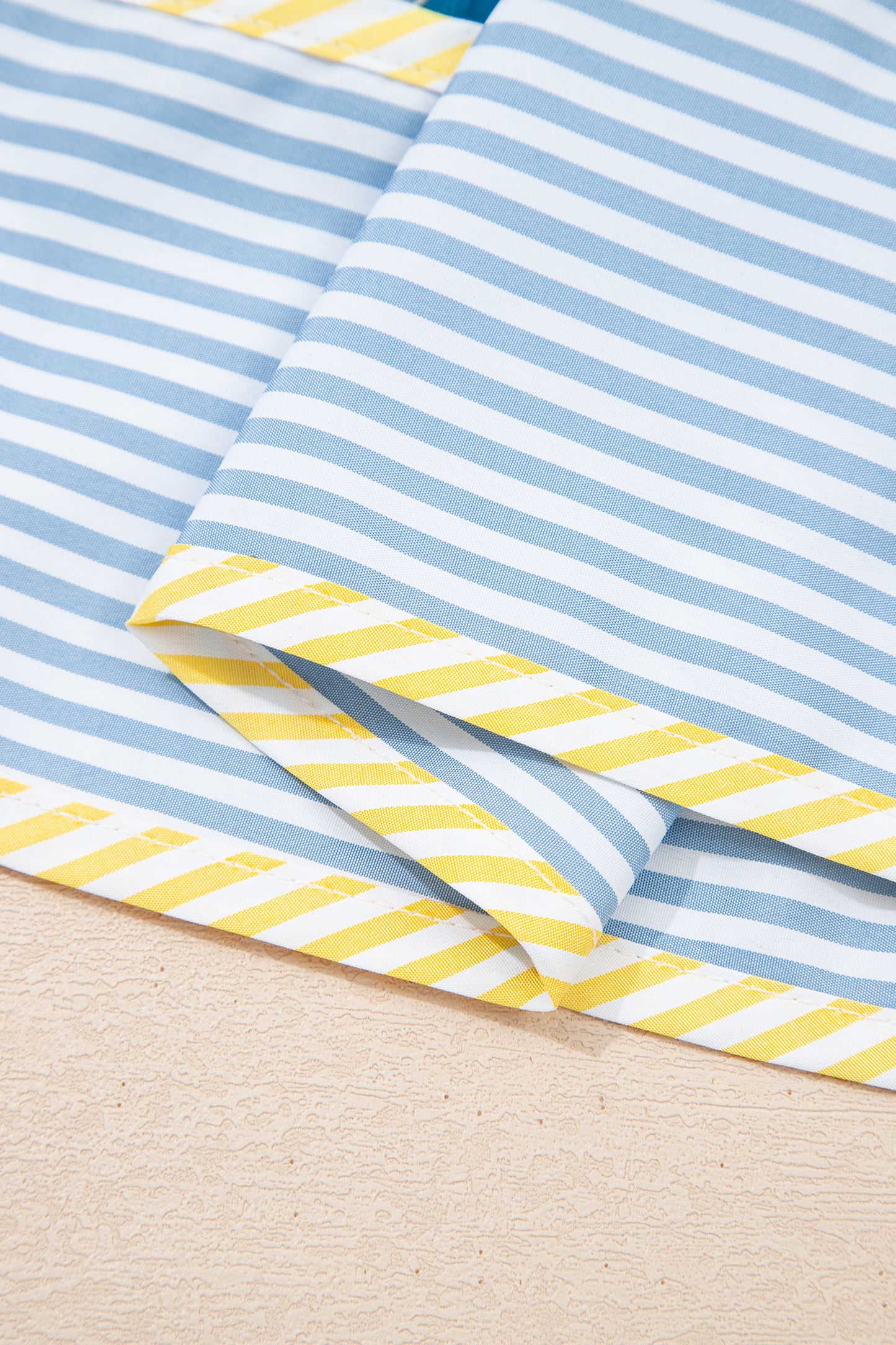 Blue Striped Trim Half Buttons Short Sleeve Floral Dress