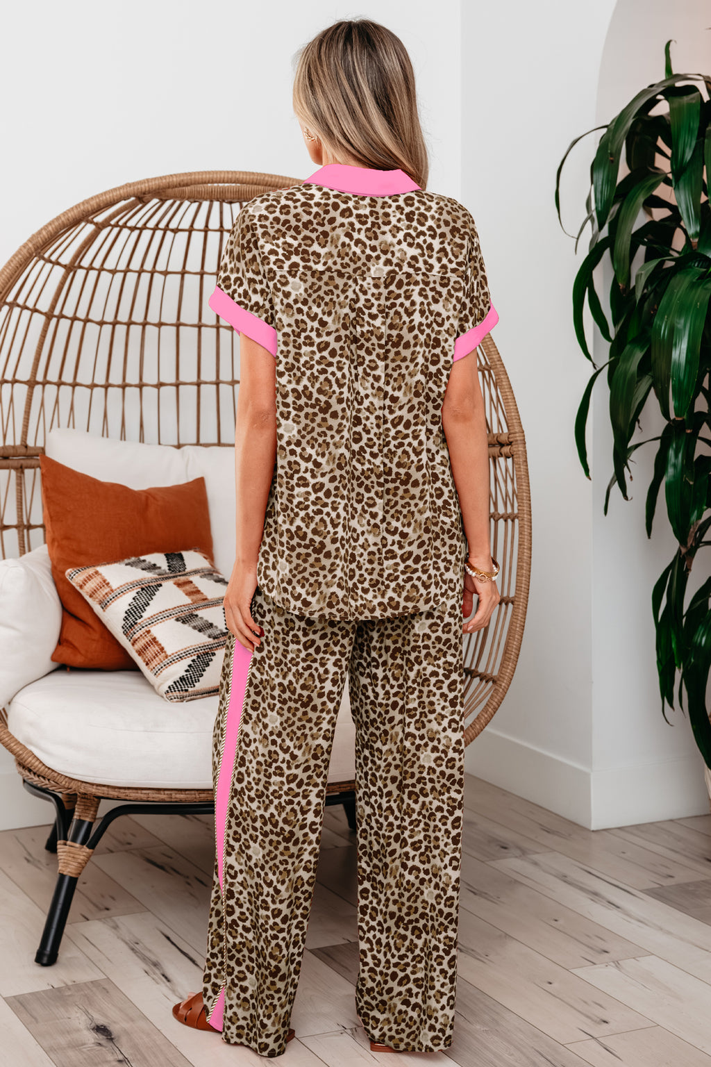 Brown Contrast Trim Leopard Top and Pant Set