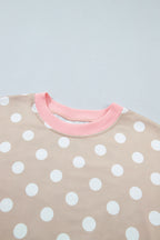Khaki Polka Dot Contrast Trim Long Sleeve Top Drawstring Shift Pants Set