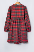 Red Plaid Tie Front Long Sleeve Short Shift Dress