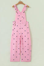Polka Dot Print Bib Pocket Denim Barrel Overalls Jumpsuit