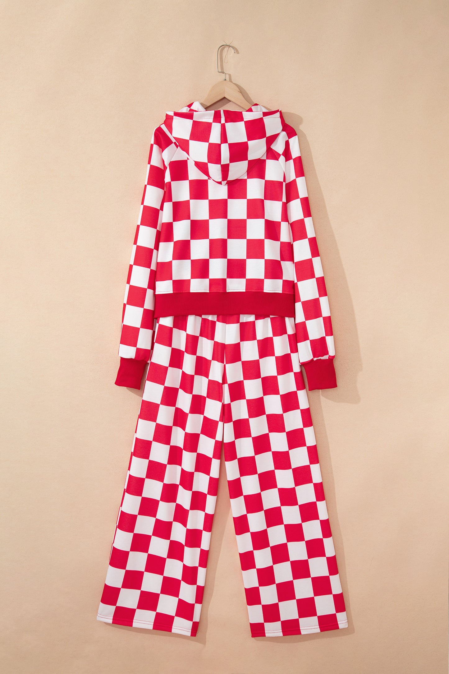 Red Checkered Print Half Zip Hoodie Loose Pant Set