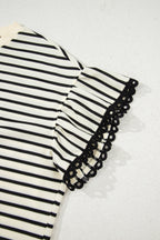 Black Stripe Eyelet Trimmed Ruffled Short Sleeve Plus Size Top
