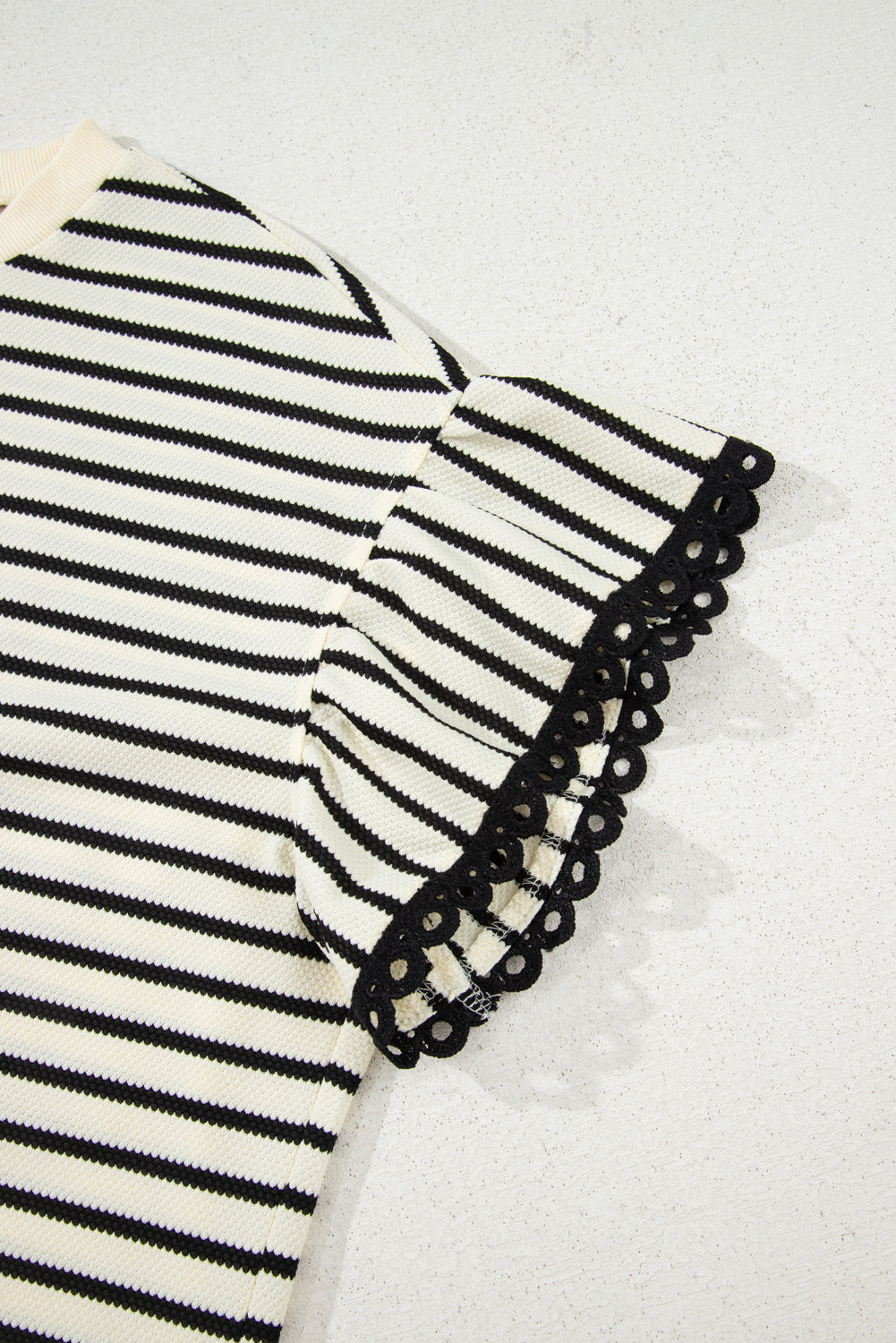 Black Stripe Eyelet Trimmed Ruffled Short Sleeve Plus Size Top