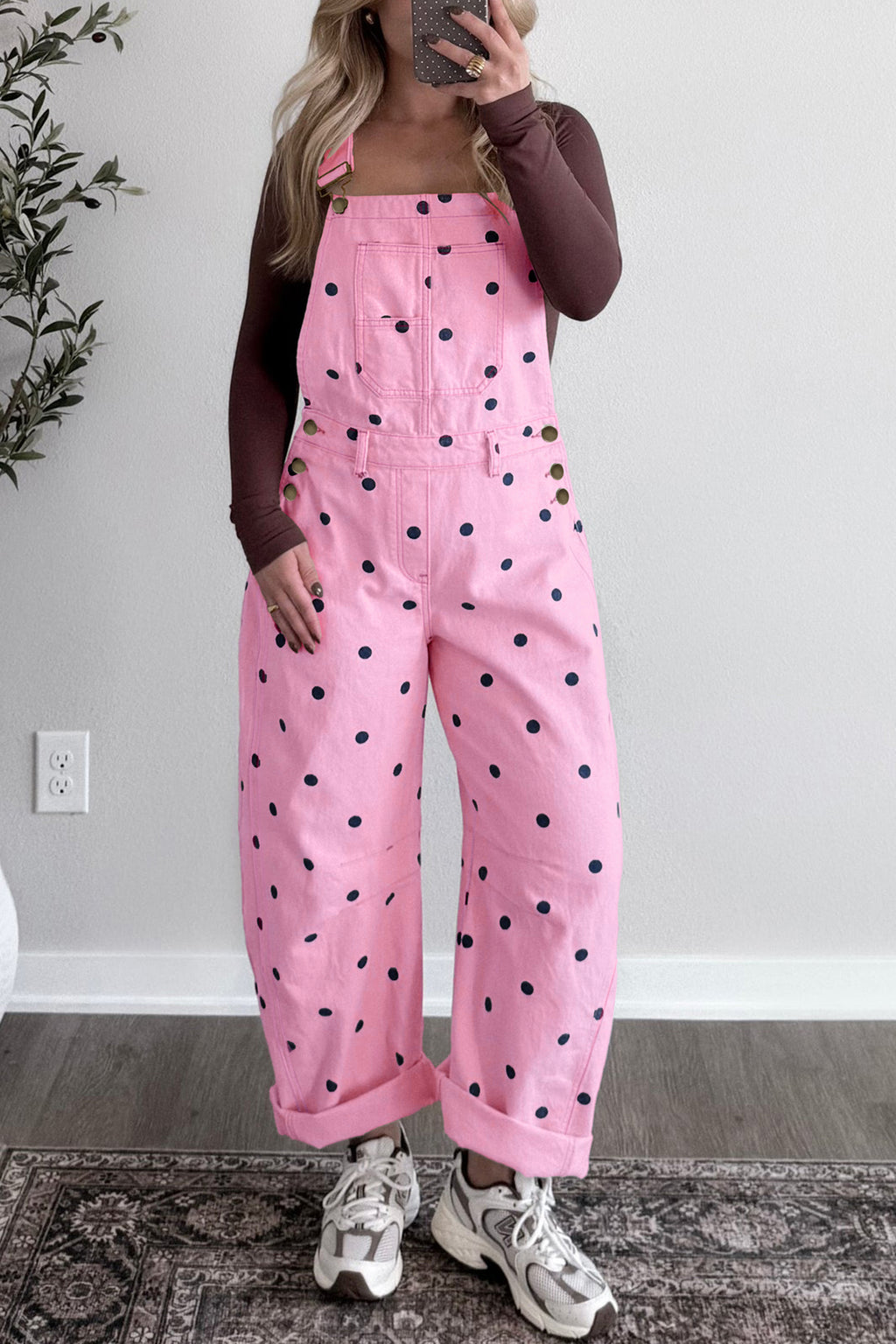 Polka Dot Print Bib Pocket Denim Barrel Overalls Jumpsuit
