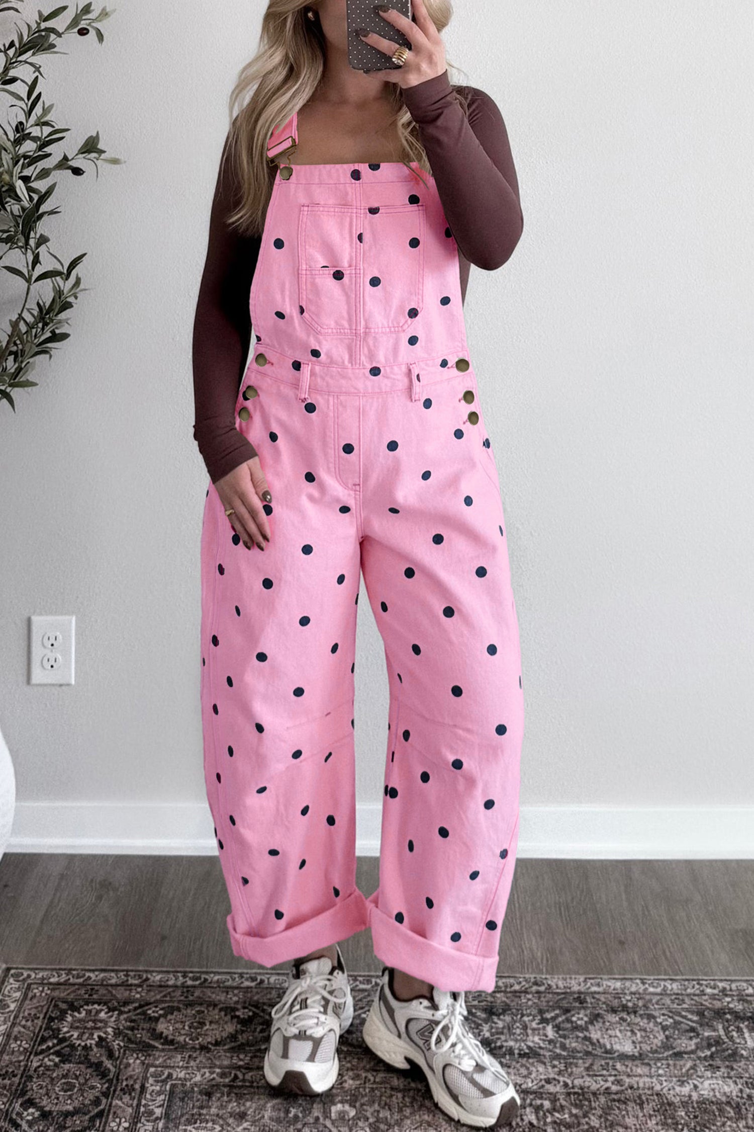 Polka Dot Print Bib Pocket Denim Barrel Overalls Jumpsuit
