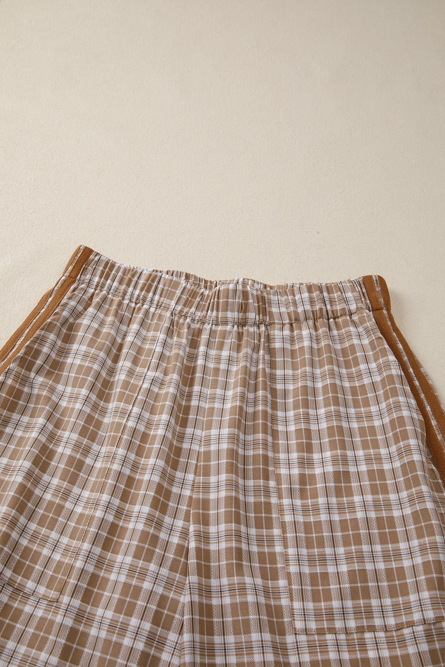 Chestnut Plaid Print Elastic Waist Bow Tie Contrast Detail Jogger Pants