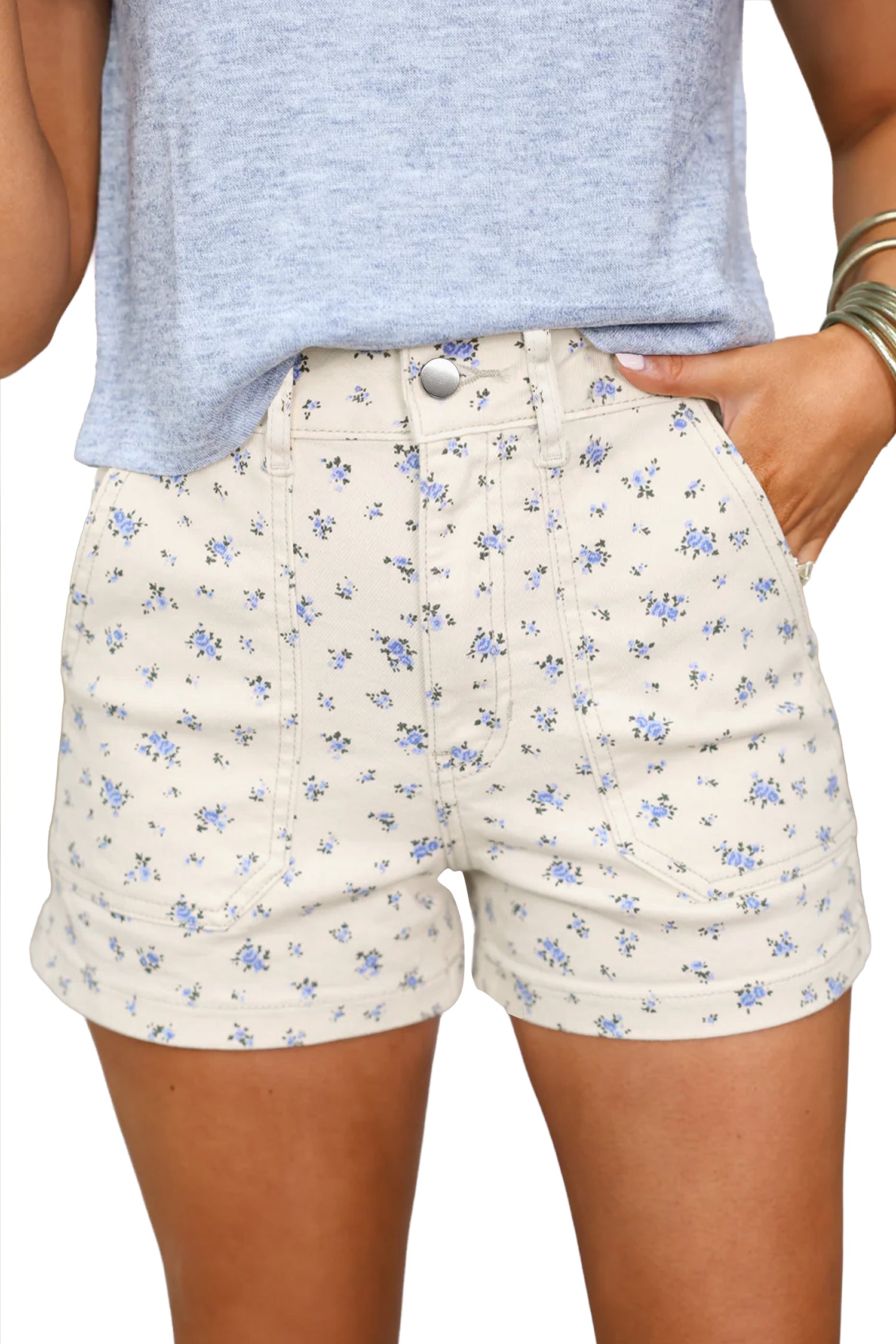 White Floral Casual Cute Denim Shorts