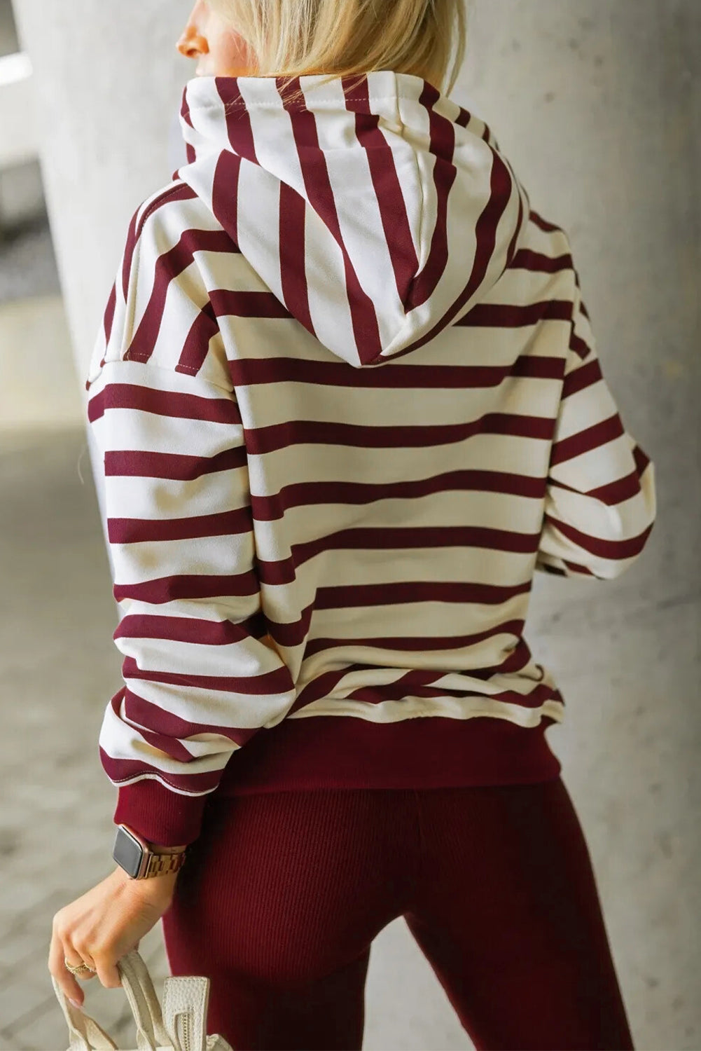 Red Stripe Pullover Hoodie Ribbed Solid Pants 2pcs Set Outfit