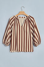 Brown Stripe V Neck Half Sleeve Casual Blouse