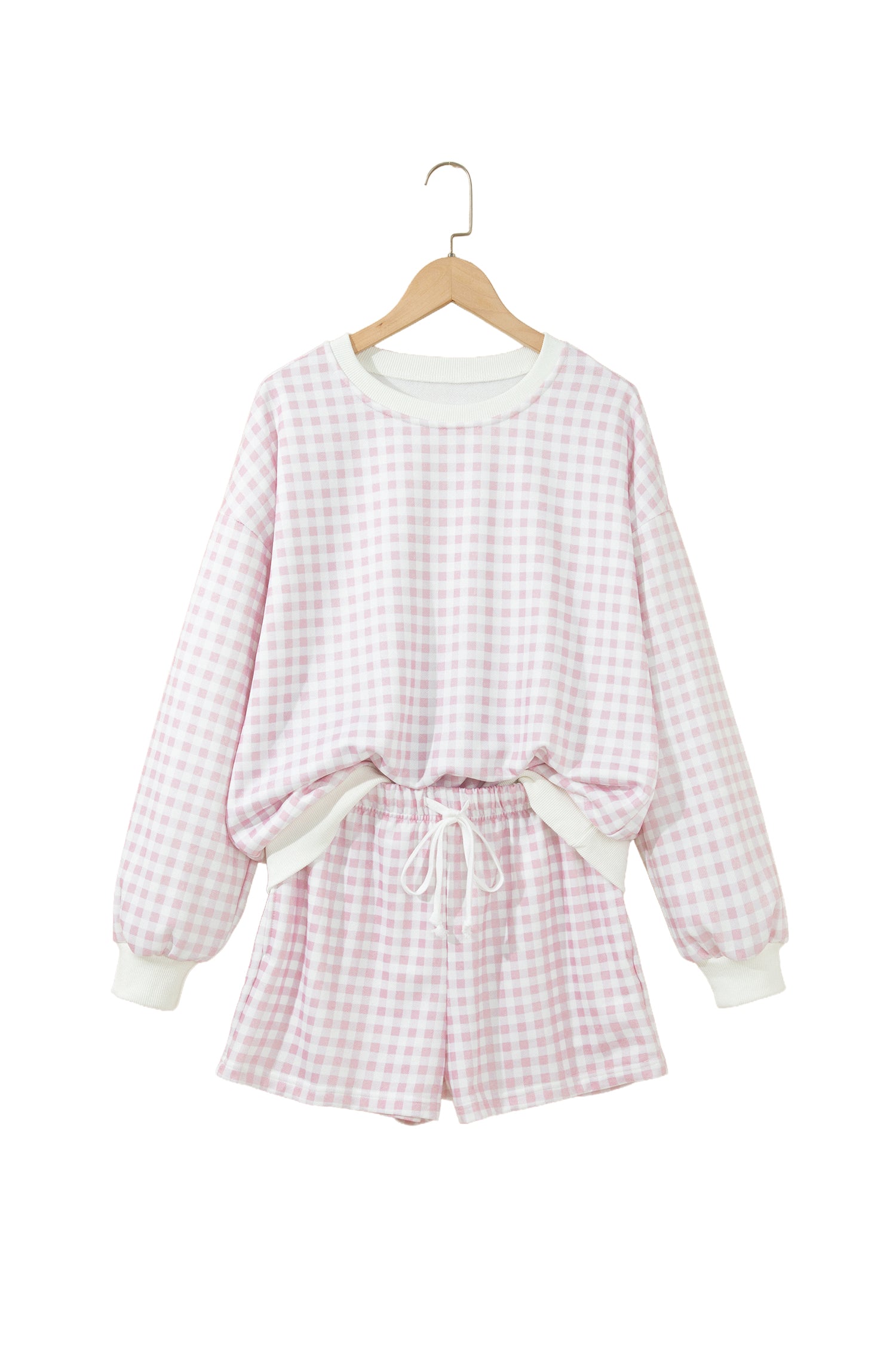 Sky Blue Plaid Baggy Pullover Drawstring Casual Shorts 2pcs Outfit