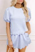 Puff Sleeve Pearl Embellished Scallop Trim Top 2 Piece Skort Set