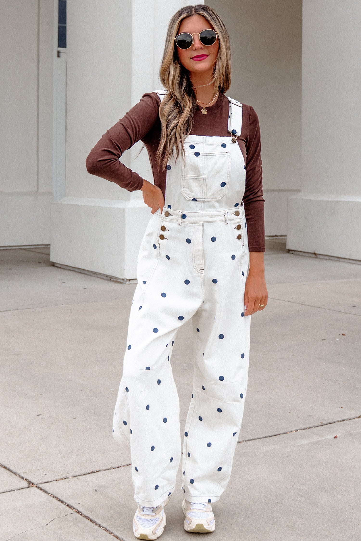Polka Dot Print Bib Pocket Denim Barrel Overalls Jumpsuit