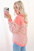 Red Stripe Buttoned V Neck Collared Drop Shoulder Top