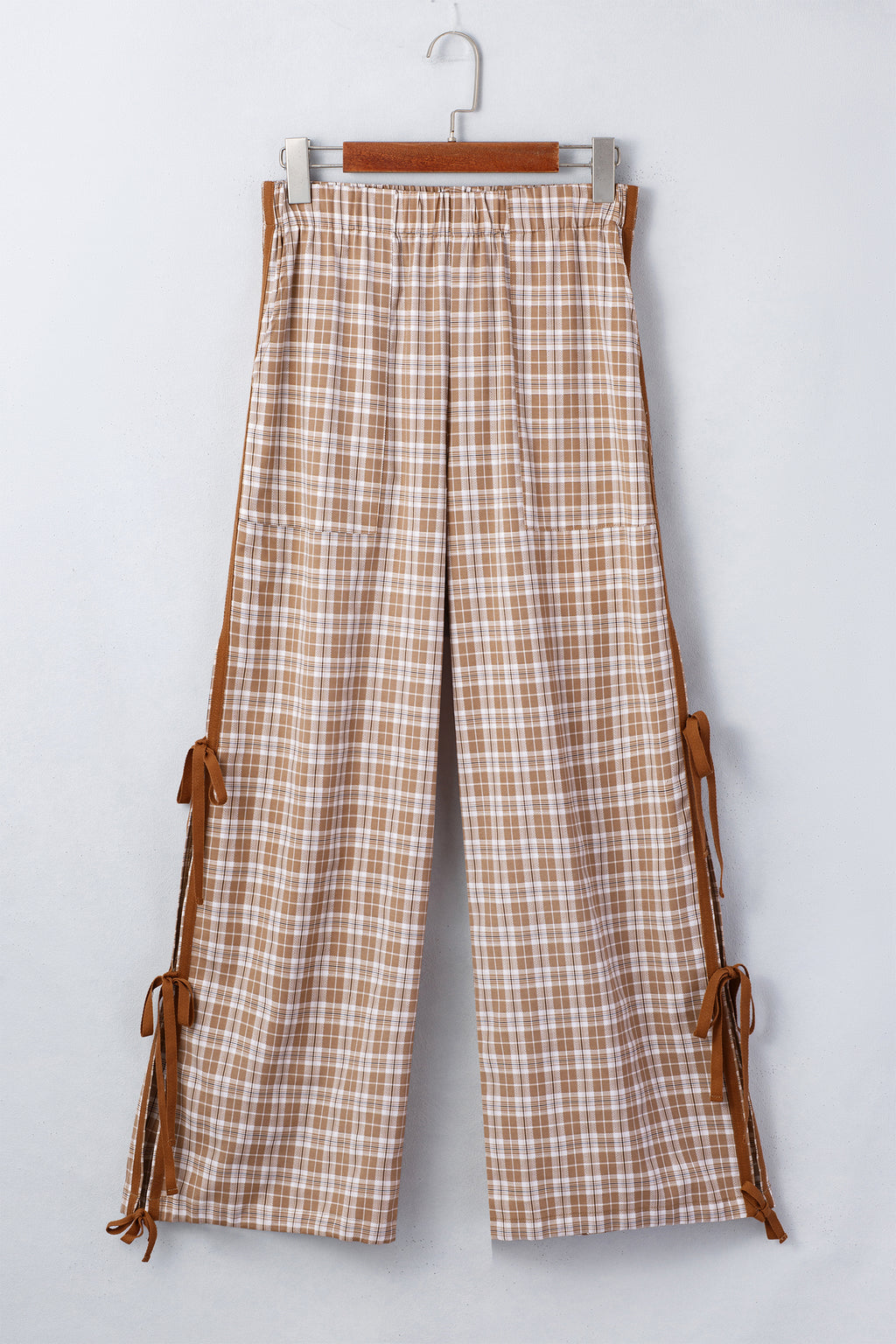 Chestnut Plaid Print Elastic Waist Bow Tie Contrast Detail Jogger Pants