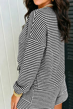 Brown Stripe Textured Knit Long Sleeve Top Elastic Waist Shorts Casual Outfit