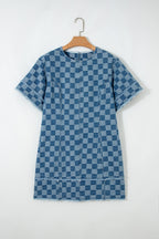 Sky Blue Frayed Hem Checkered Denim Mini Dress