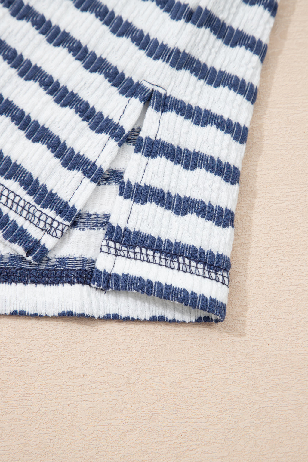 Pink Stripe Textured Knit Split Hem Half Sleeve Loose Top