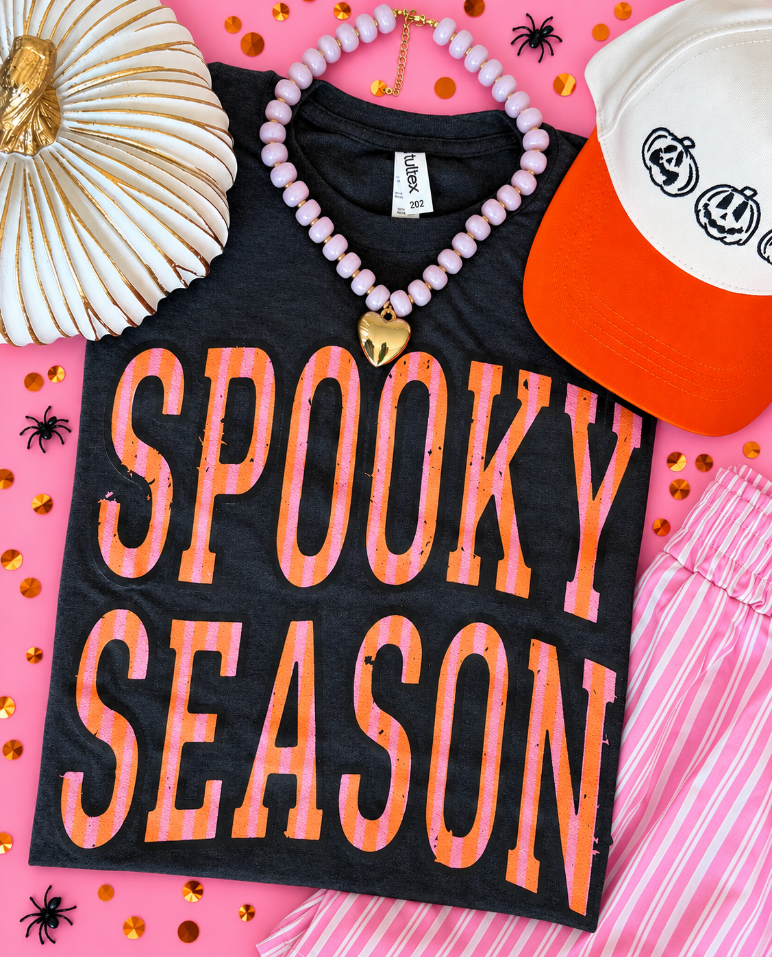 P&PD Wholesale RTS Spooky Season Stripe Tee featuring Halloween-themed black and orange stripes and festive graphic print.