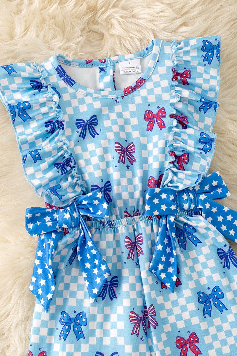 Patriotic bow printed jumpsuit with checker.