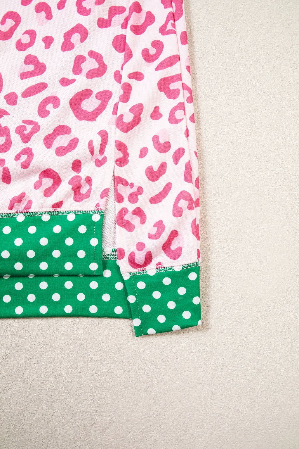 Pink Leopard Polka Dot Colorblock Trim Long Sleeve Top