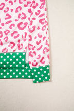 Pink Leopard Polka Dot Colorblock Trim Long Sleeve Top