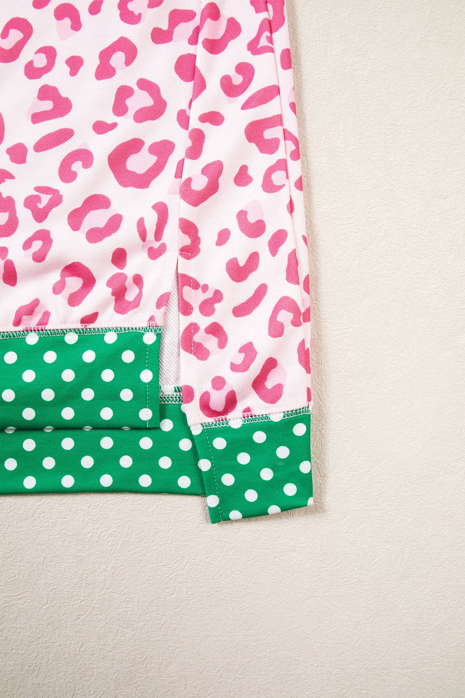 Pink Leopard Polka Dot Colorblock Trim Long Sleeve Top
