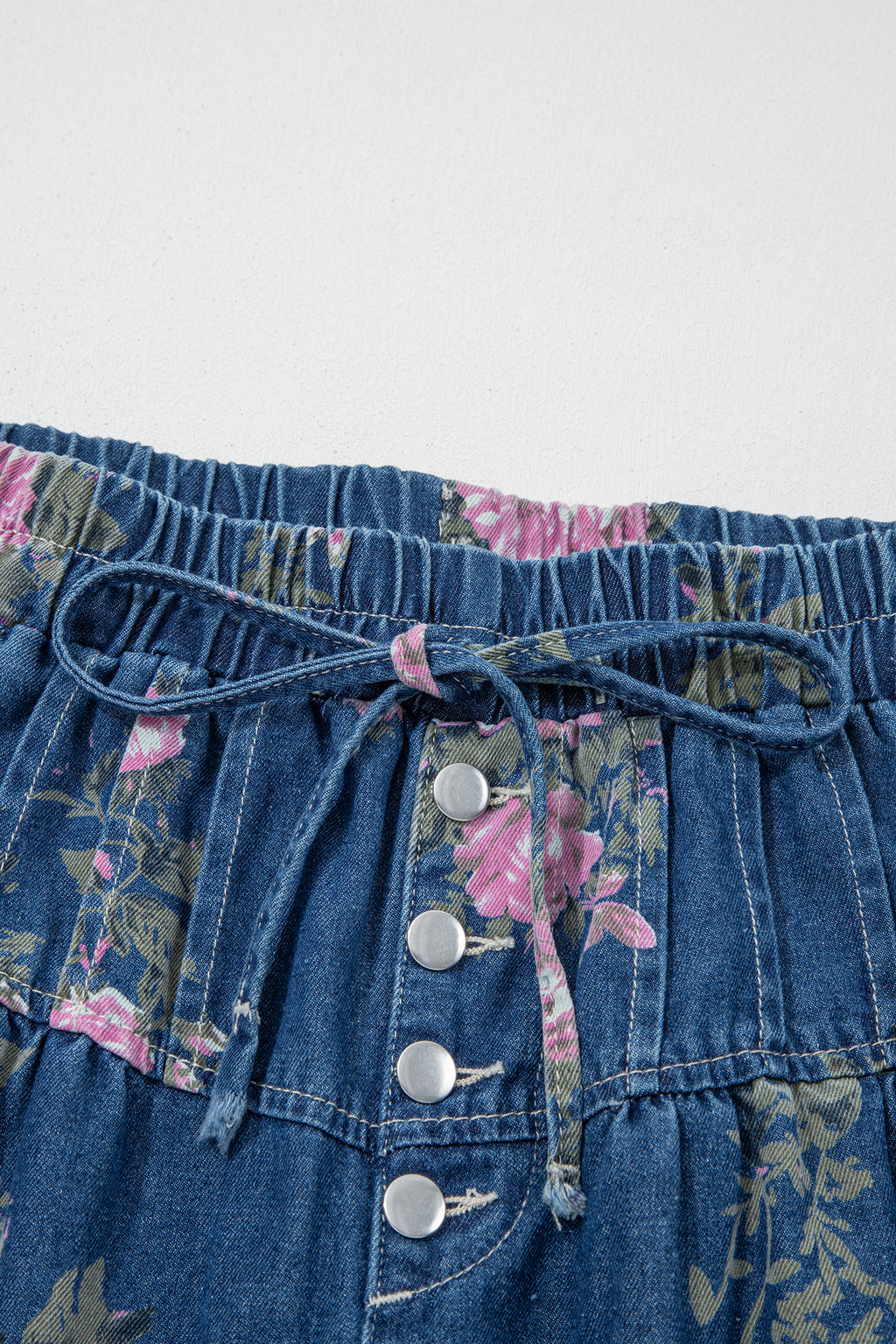 Blue Retro Floral Print Tie Elastic Waist Button Pintuck Wide Leg Jeans