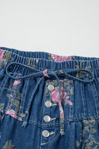 Blue Retro Floral Print Tie Elastic Waist Button Pintuck Wide Leg Jeans