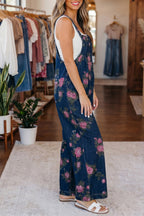 Floral Print Pleated High Waist Wide Leg Denim Jumpsuit
