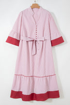 Red Stripe Plus Size Ruffled Hem Pinstriped Midi Dress