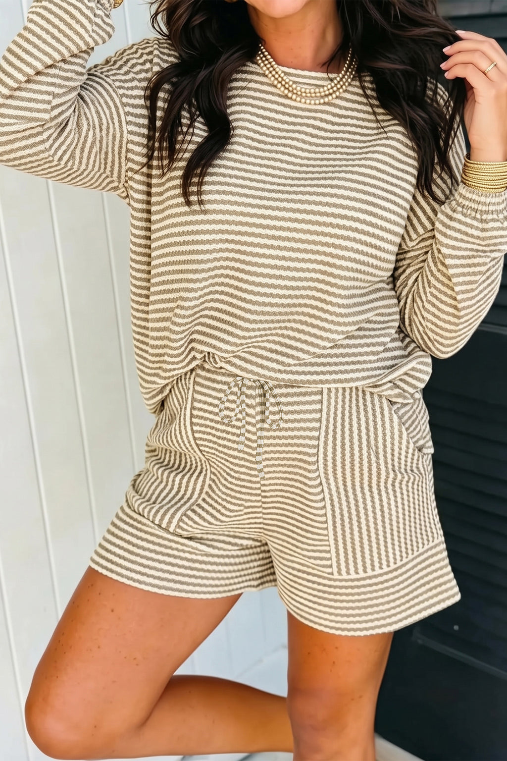 Brown Stripe Textured Knit Long Sleeve Top Elastic Waist Shorts Casual Outfit
