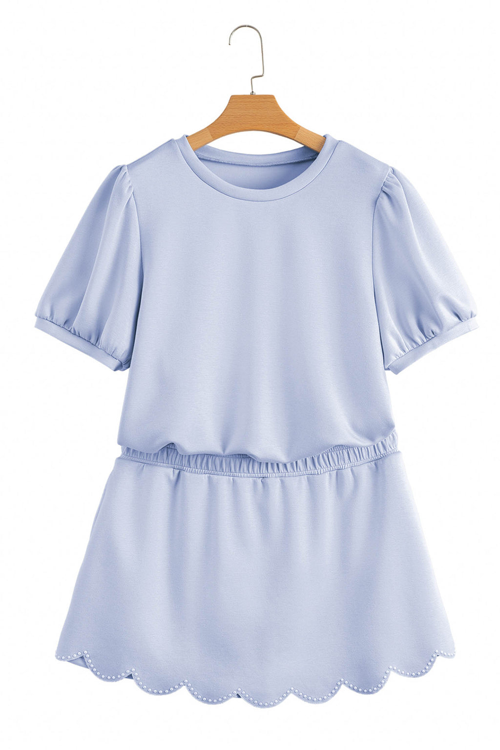 Puff Sleeve Pearl Embellished Scallop Trim Top 2 Piece Skort Set