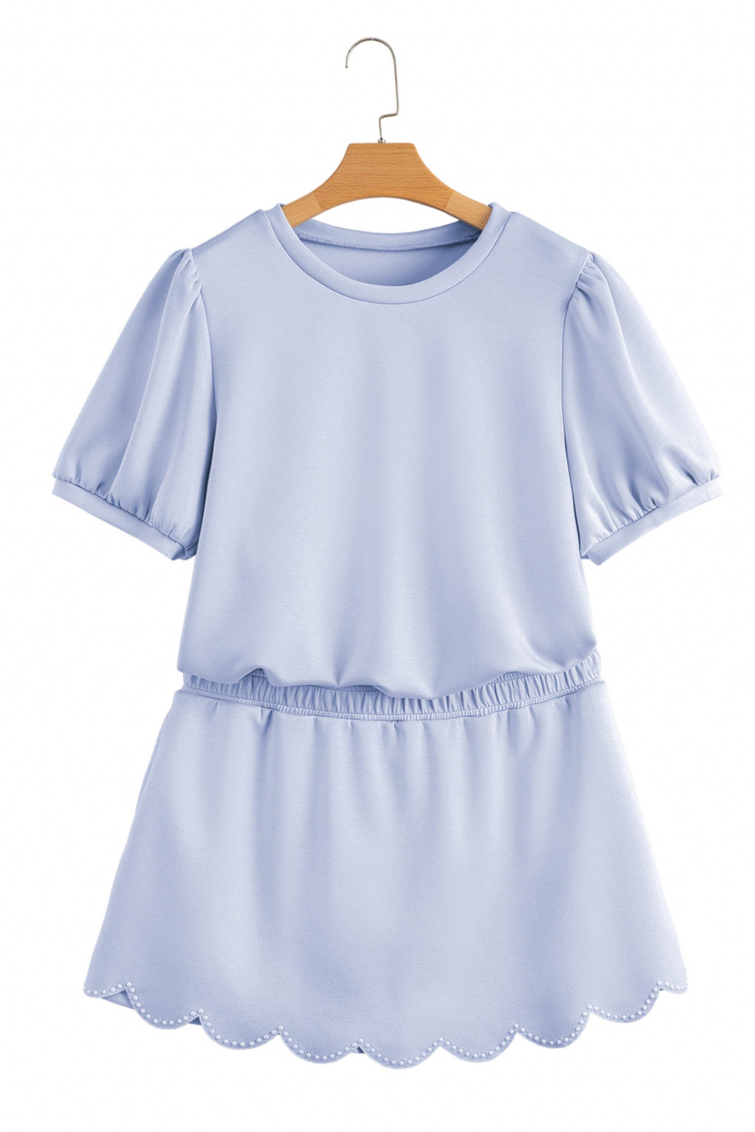 Puff Sleeve Pearl Embellished Scallop Trim Top 2 Piece Skort Set