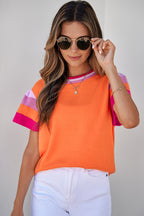 Turquoise Contrast Flutter Sleeves Knitted Sweater T Shirt